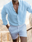 זול חולצות קז&#039;ואל לגברים-בגדי ריקוד גברים חולצת פשתן חולצת קיץ חולצת חוף צווארון מתקפל קיץ שרוול ארוך לבן פול חום אחיד קזו&#039;אל יומי ביגוד