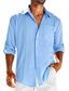 baratos camisas de linho masculinas-Homens Camisa Social camisa de linho Camisa casual camisa de verão camisa de praia Preto Branco Azul Manga Longa Tecido Lapela Primavera Verão Havaiana Feriado Roupa Bolsos