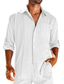 رخيصةأون قمصان الكتان الرجالية-رجالي قميص قميص كتان قميص غير رسمي قميص صيفي قميص الشاطئ أسود أبيض أزرق كم طويل 平织 Lapel للربيع والصيف ستايل هاواي مناسب للعطلات ملابس جيب