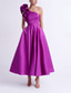 abordables Vestidos de cóctel-Vestidos de Cóctel en A Línea Vestido Elegante Invitada de Boda Ropa de Fiesta Longitud de Tobillo Sin Mangas Un Hombro Con Bolsillo Satén con Volantes Vestidos