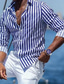 billige fritidsskjorter for menn-Herre Skjorte linskjorte Sommerskjorte Strandskjorte Svart Blå Grønn Langermet Stripet Knaphul Vår sommer Hawaiisk Ferie Klær Trykt mønster