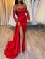 voordelige Zwart-Zeemeermin Pailletten Avondjurk Vintage Jurk Formele Bruiloft Gast Hof Train Lange Mouw Off Schouder Satin met Gerimpelde Slit Maskerfeest Jurk
