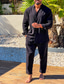 abordables Conjuntos de camisa de hombre-Hombre Camisa camisa de lino 2 Piezas Conjunto de camisa conjunto de verano Negro Azul Piscina Manga Larga Plano Escote Chino Primavera verano Hawaiano Festivos Ropa Básico