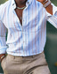 お買い得  メンズカジュアルシャツ-男性用 シャツ リネンシャツ サマーシャツ ビーチシャツ ホワイト ピンク グリーン 長袖 ストライプ ラペル 春夏 ハワイアン 祝日 衣類 プリント