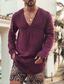 cheap Men&#039;s Linen Shirts-Men&#039;s Shirt Linen Shirt Casual Shirt Summer Shirt Beach Shirt Purple Long Sleeve Plain V Neck Spring &amp; Summer Casual Daily Clothing Apparel