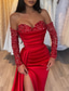 voordelige Zwart-Zeemeermin Pailletten Avondjurk Vintage Jurk Formele Bruiloft Gast Hof Train Lange Mouw Off Schouder Satin met Gerimpelde Slit Maskerfeest Jurk