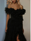 abordables Vestido de graduación-Vestidos de Prom Tipo A-Line Vestido Plisado en Capas Fiesta de Boda Tren Barrido  Cepillado Manga Corta Sin Hombros Tulle con Hendidura Vestido de Máscara