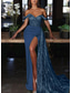 baratos AZUL-Vestido de Noite Sereia com Lantejoulas Vestido Sexy Convidada de Casamento Formal Cauda de Corte Sem Mangas Decote Ombro Caído Charmeuse com Fenda Apliques Plissados Vestido de Máscara 2025