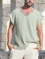 billige herre linned skjorter-Herre Skjorte linned skjorte Sommer skjorte Strandtrøje Grøn Kortærmet Vanlig V-hals Sommer Afslappet Daglig Tøj