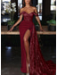 baratos AZUL-Vestido de Noite Sereia com Lantejoulas Vestido Sexy Convidada de Casamento Formal Cauda de Corte Sem Mangas Decote Ombro Caído Charmeuse com Fenda Apliques Plissados Vestido de Máscara 2025