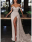 baratos AZUL-Vestido de Noite Sereia com Lantejoulas Vestido Sexy Convidada de Casamento Formal Cauda de Corte Sem Mangas Decote Ombro Caído Charmeuse com Fenda Apliques Plissados Vestido de Máscara 2025