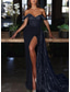 baratos AZUL-Vestido de Noite Sereia com Lantejoulas Vestido Sexy Convidada de Casamento Formal Cauda de Corte Sem Mangas Decote Ombro Caído Charmeuse com Fenda Apliques Plissados Vestido de Máscara 2025