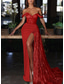 baratos AZUL-Vestido de Noite Sereia com Lantejoulas Vestido Sexy Convidada de Casamento Formal Cauda de Corte Sem Mangas Decote Ombro Caído Charmeuse com Fenda Apliques Plissados Vestido de Máscara 2025