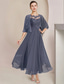 halpa Takin kanssa-Kaksiosainen A-linjainen Äiti mekko virallinen häävieras Elegantti Pyöreä kaula-aukko Tee pituus Chiffon pitsi 3/4 hihainen vaippa mukana Appliques Ruching 2025 ilmainen mittatilaus