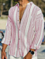 cheap Men&#039;s Linen Shirts-Men&#039;s Linen Shirt Button Up Shirt Casual Shirt Summer Shirt Beach Shirt Pink Blue Dark Green Long Sleeve Striped Turndown Spring &amp; Summer Outdoor Holiday Clothing Apparel Print