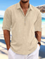 رخيصةأون قمصان رجالية عادية-رجالي قميص قميص كتان قميص صيفي قميص الشاطئ أسود أزرق أخضر كم طويل 平织 Lapel للربيع والصيف فضفاض مناسب للبس اليومي ملابس