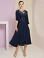 cheap With Jacket-Two Piece A-Line Mother of the Bride Dress Formal Wedding Guest Elegant Scoop Neck Tea Length Chiffon Lace Short Sleeve Wrap Included with Pleats Sequin Appliques 2025 free custom size