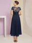 cheap With Jacket-Two Piece A-Line Mother of the Bride Dress Formal Wedding Guest Elegant Scoop Neck Tea Length Chiffon Lace Short Sleeve Wrap Included with Pleats Sequin Appliques 2025 free custom size