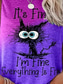 abordables Camiseta de Humor &amp; Citas-Mujer Camiseta Morado Marrón Gris Gato Letra Retazos Estampado Manga Corta Casual Diario Básico Escote Redondo Regular I&#039;m Fine Everything Is Fine S