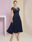 cheap With Jacket-Two Piece A-Line Mother of the Bride Dress Formal Wedding Guest Elegant Scoop Neck Tea Length Chiffon Lace Short Sleeve Wrap Included with Pleats Sequin Appliques 2025 free custom size