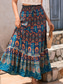 cheap Graphic Skirts-Women&#039;s Skirt Swing Bohemia Maxi High Waist Skirts Pleated Print Color Block Floral Vacation Going out Summer Cotton Polyester Vintage Retro Vintage Ethnic Casual Red Navy Blue Royal Blue