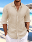 رخيصةأون قمصان رجالية عادية-رجالي قميص كتان زر حتى القميص قميص غير رسمي قميص صيفي قميص الشاطئ أصفر فاتح أبيض وردي بلاشيهغ كم طويل سهل للربيع والصيف فضفاض مناسب للبس اليومي ملابس