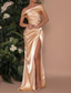 cheap Evening Dresses-TS Gold Mermaid Evening Gown Sexy Dress Formal Wedding Guest Sweep / Brush Train Sleeveless Off Shoulder Satin with Ruched Slit 2024