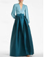 cheap Evening Dresses-Green A-Line Evening Gown High Split Dress Formal Wedding Guest Floor Length Long Sleeve V Neck Belt / Sash Satin with Pleats Slit 2024