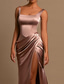 abordables Rose-Robe de Soirée Sirène Haute Fente Invité de Mariage Cocktail Fête Longueur de Sol Sans Manches Col Arrondi Robe de Demoiselle d&#039;Honneur Satin avec Robe Mascarade Froncée