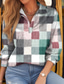 abordables T-shirt rayé et géométrique-Femme T shirt Plaid basique manche longue Col de Chemise Hauts réguliers du quotidien Fin de semaine Imprimer Vert Claire Rouge Vert Kaki Gris Printemps &amp; Automne