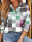 abordables T-shirt rayé et géométrique-Femme T shirt Plaid basique manche longue Col de Chemise Hauts réguliers du quotidien Fin de semaine Imprimer Vert Claire Rouge Vert Kaki Gris Printemps &amp; Automne