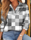 abordables T-shirt rayé et géométrique-Femme T shirt Plaid basique manche longue Col de Chemise Hauts réguliers du quotidien Fin de semaine Imprimer Vert Claire Rouge Vert Kaki Gris Printemps &amp; Automne