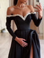 cheap Evening Dresses-TS A-Line Evening Gown Black Dress Dress Formal Masquerade Sweep / Brush Train Long Sleeve Off Shoulder Satin with Pearls Slit 2024