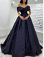 cheap Prom Dresses-TS A-Line Prom Dresses Elegant Dress Black Tie Gala Sweep / Brush Train Short Sleeve Off Shoulder Sequined with Glitter Pleats 2024