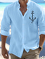 cheap Men&#039;s Printed Shirts-Men&#039;s Linen Linen Cotton Blend Shirt Linen Shirt Button Up Shirt Letter Anchor Print Long Sleeve Standing Collar Black, White, Blue Shirt Outdoor Daily Wear Vacation