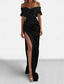 baratos VERDE-Vestido de Noite Sheath Vestido Elegante Formal Cauda Varredura  Escova Manga Curta Ombros Descobertos Cetim com Fenda Franzida