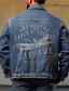 cheap Men&#039;s Printed Coats-Letter Airplane Casual Men&#039;s Coat Denim Jacket Sports &amp; Outdoor Going out Weekend Fall &amp; Winter Turndown Long Sleeve Black Blue M L XL Denim Jacket