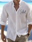 cheap Men&#039;s Printed Shirts-Men&#039;s Linen Linen Cotton Blend Shirt Linen Shirt Button Up Shirt Letter Print Long Sleeve Standing Collar Black, White, Blue Shirt Outdoor Daily Wear Vacation