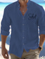 cheap Men&#039;s Printed Shirts-Men&#039;s Linen Linen Cotton Blend Shirt Linen Shirt Button Up Shirt Letter Print Long Sleeve Standing Collar Black, White, Blue Shirt Outdoor Daily Wear Vacation