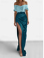 baratos VERDE-Vestido de Noite Sheath Vestido Elegante Formal Cauda Varredura  Escova Manga Curta Ombros Descobertos Cetim com Fenda Franzida