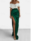 baratos VERDE-Vestido de Noite Sheath Vestido Elegante Formal Cauda Varredura  Escova Manga Curta Ombros Descobertos Cetim com Fenda Franzida