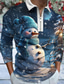 olcso férfi karácsonyi póló-Hóember Férfi Alkalmi 3D Nyomtatott Zip Polo golf póló Szabadtéri Alkalmi / Napi Utcai öltözék Poliészter Hosszú ujj Térfogatcsökkenés Cipzár Pólóingek Fehér Kék Ősz &amp; tél S M L Lapel Polo