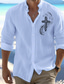 cheap Men&#039;s Casual Shirts-Men&#039;s Linen Linen Cotton Blend Shirt Linen Shirt Button Up Shirt Cross Faith Print Long Sleeve Standing Collar Black, White, Pink Shirt Outdoor Daily Wear Vacation