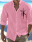 cheap Men&#039;s Printed Shirts-Men&#039;s Linen Linen Cotton Blend Shirt Linen Shirt Button Up Shirt Cross Faith Print Long Sleeve Standing Collar Black, White, Pink Shirt Outdoor Daily Wear Vacation