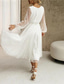 cheap Wedding Dresses-TS Beach Little White Dresses Wedding Dresses A-Line V Neck Long Sleeve Tea Length Sequined Bridal Gowns With Beading Solid Color 2024