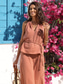 voordelige Women&#039;s Sets-Tweedelige katoenen damesset resortkleding roze v-hals vakantiekleding met open rug en riem vakantiekleding zomer