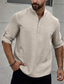 cheap Men&#039;s Linen Shirts-Men&#039;s Shirt Linen Shirt Popover Shirt Beach Shirt Black Blue Khaki Long Sleeve Plain Band Collar Spring &amp;  Fall Casual Daily Clothing Apparel