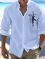 cheap Men&#039;s Printed Shirts-Men&#039;s Linen Linen Cotton Blend Shirt Linen Shirt Button Up Shirt Cross Faith Print Long Sleeve Standing Collar Black, White, Pink Shirt Outdoor Daily Wear Vacation
