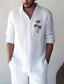 billige Skjorter med trykk for menn-Herre Bomull Lin Skjorte linskjorte Palmetre Trykt mønster Langermet Aftæpning Hvit, Blå Skjorte utendørs Daglig Feriereise