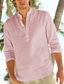voordelige heren linnen overhemden-Voor heren Overhemd linnen overhemd Popover-shirt Strand hemd Wit Roze Lange mouw Effen Opstaande boord Lente zomer Casual Dagelijks Kleding